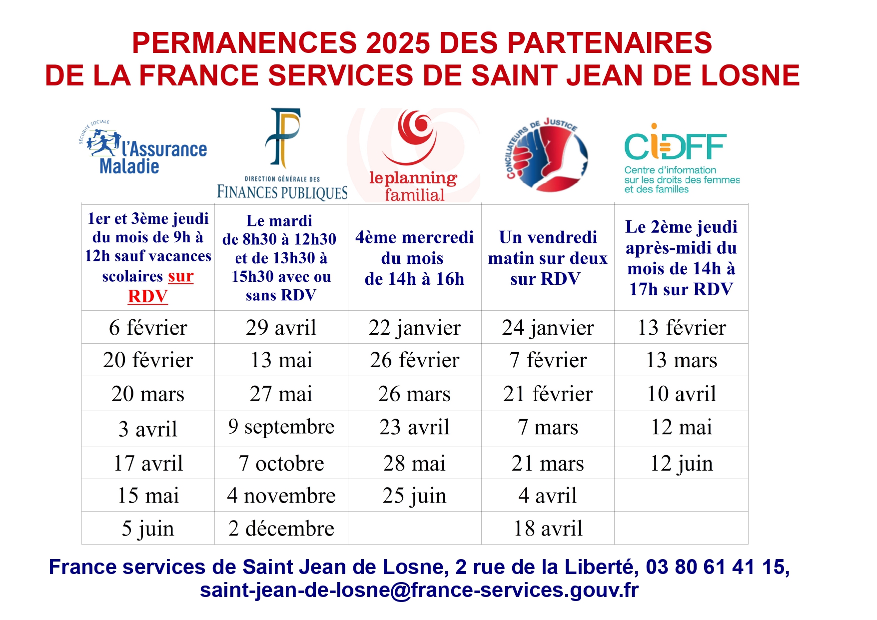 Permanences 2025 des partenaires France Services de Saint Jean de Losne